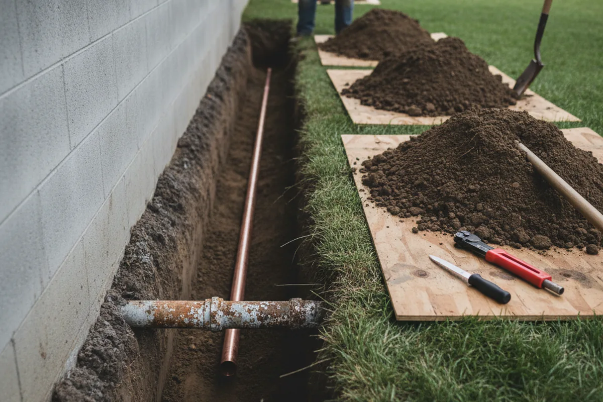 Excavated water line trench during Sewer Line Repair in Friendship